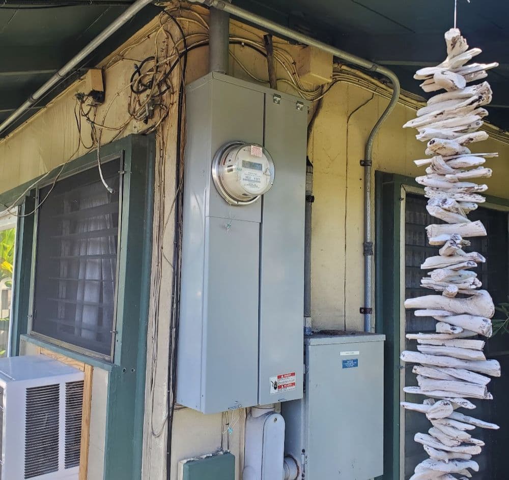 Electric meter and utility box on exterior wall, with decorative driftwood hanging nearby.